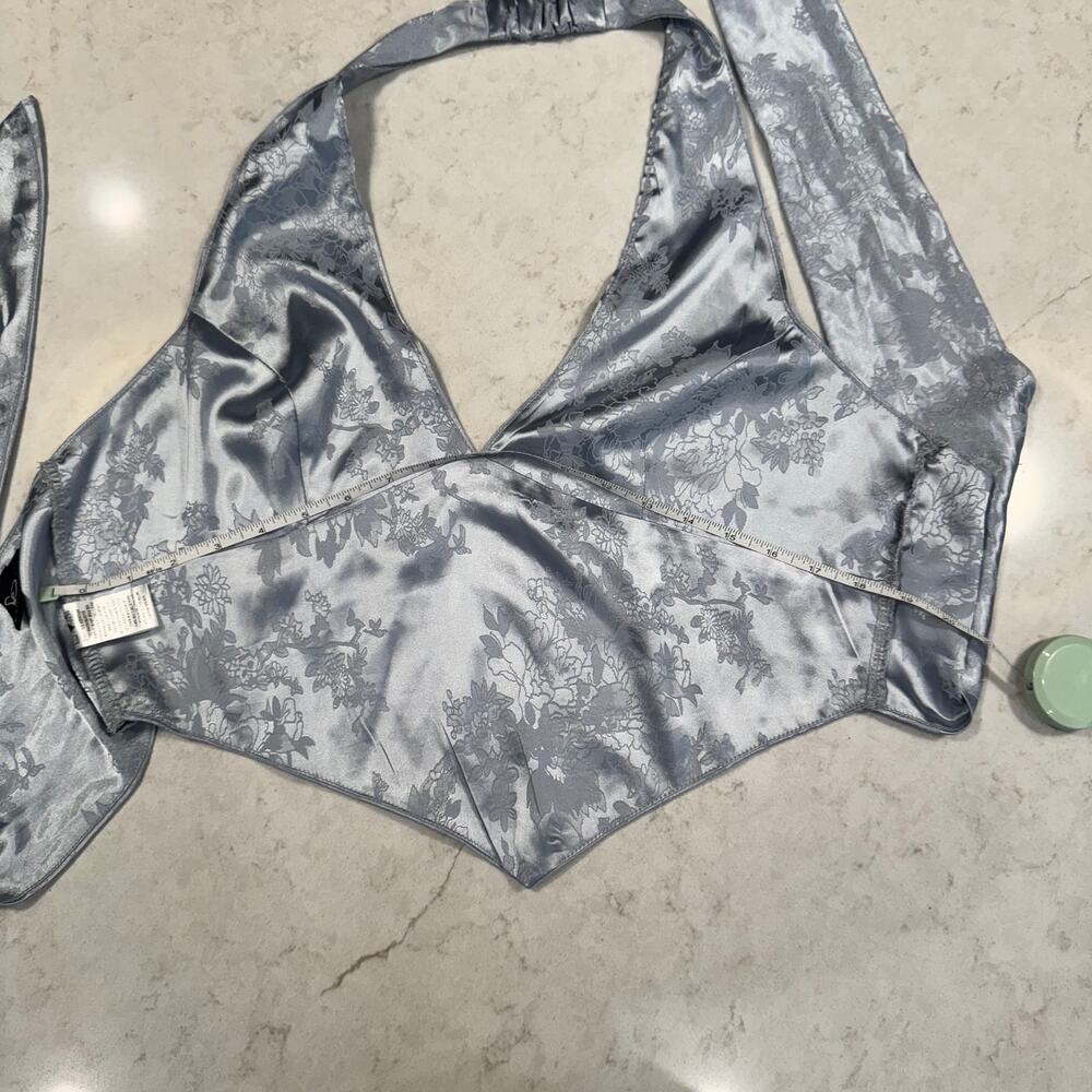 Windsor Satin Jacquard Halter Top Gray Silver Women's Large Tie Y2K Party Baddie - Picture 15 of 16